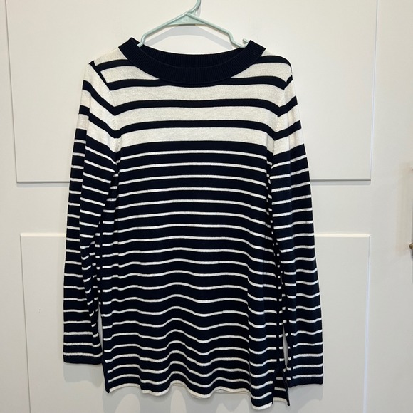 LOFT Striped Tunic Sweater Womens  L Long Sleeve Knit Pullover Casual Navy White - Picture 1 of 6